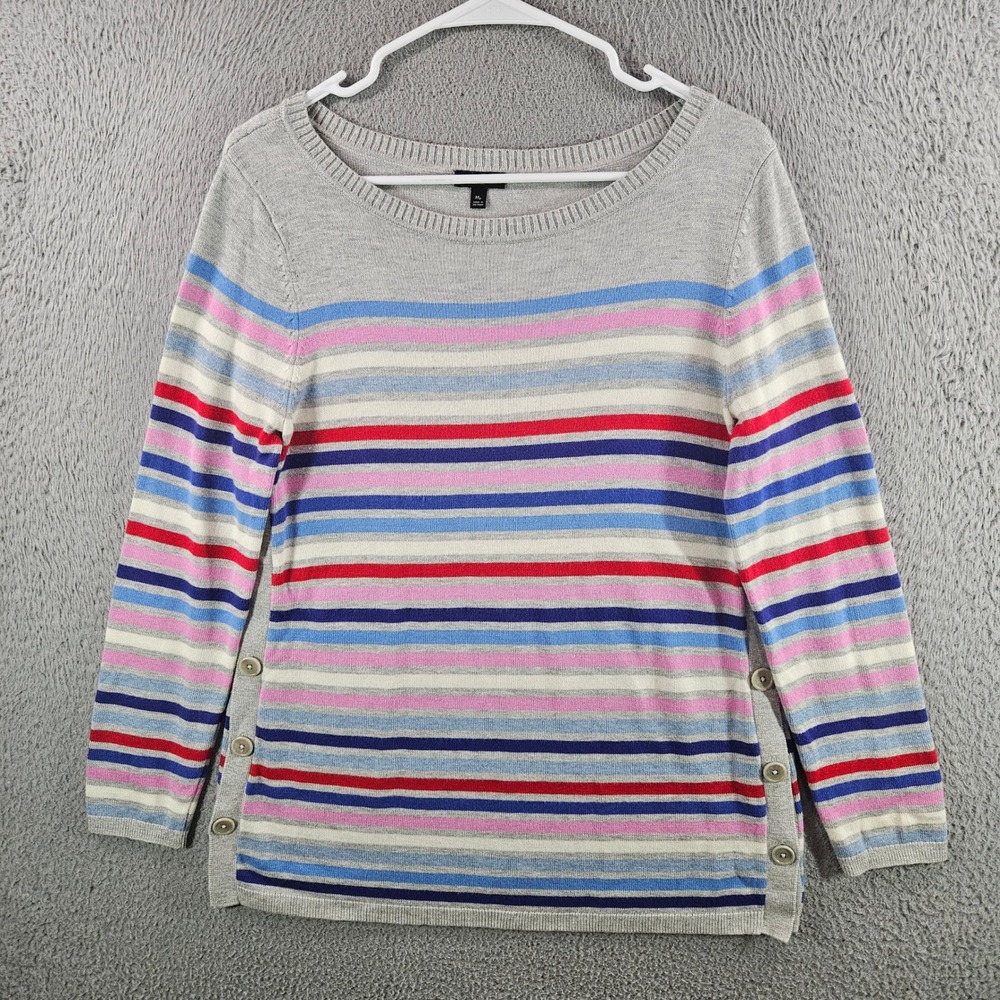 Talbots Petites Women Medium‎ Gray Striped Button Side Boat Neck Knit Sweater